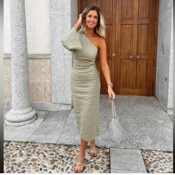 ZARA WOMAN NWT ASYMMETRICAL LINEN BLEND DRESS SIZE LARGE - Picture 2 of 7